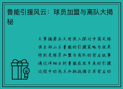 鲁能引援风云：球员加盟与离队大揭秘